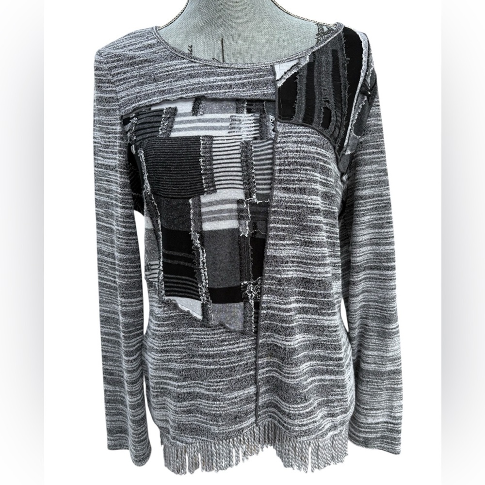 Lightweight Grey Unique Patchwork Long Sleeve Fringe Knit Sweater